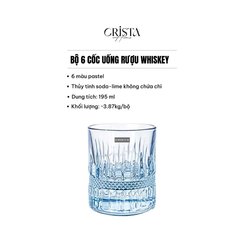 Bộ 6 Cốc Whisky 195ml Crista Home – Thủy Tinh Màu Cao Cấp