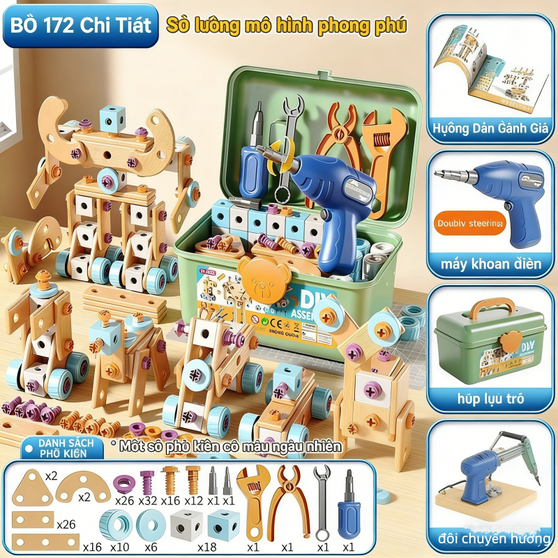 Bộ lắp ráp công cụ 172 món cho bé trai - Rèn kỹ năng thực hành - Bền bỉ an toàn - Phù hợp trẻ 3-10 tuổi