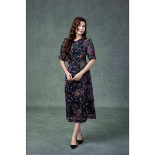 SWANLAKE | Váy Đầm Nữ Maxi Suông Vải Tơ In Hoa Cổ Tròn Tay Bí Phồng Chiết Eo Đi Tiệc Công Sở D13245