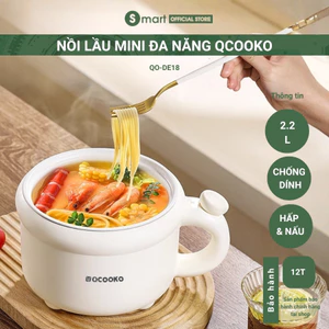 Nồi lẩu điện mini QCOOKO QO-DE18,chống dính, điều chỉnh 3 mức nhiệt nắp nồi tiện dụng bảo hành 12 tháng