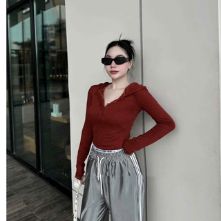 Áo thun dài tay Cổ V đính nút Thiết kế Mũ Cá Tính Trendy Ôm Fit Dáng