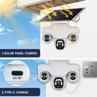 V380 tích hợp camera năng lượng mặt trời 4G 3 ống kính HD 360 độ PTZ giám sát an ninh hai chiều cuộc gọi không thấm nước
