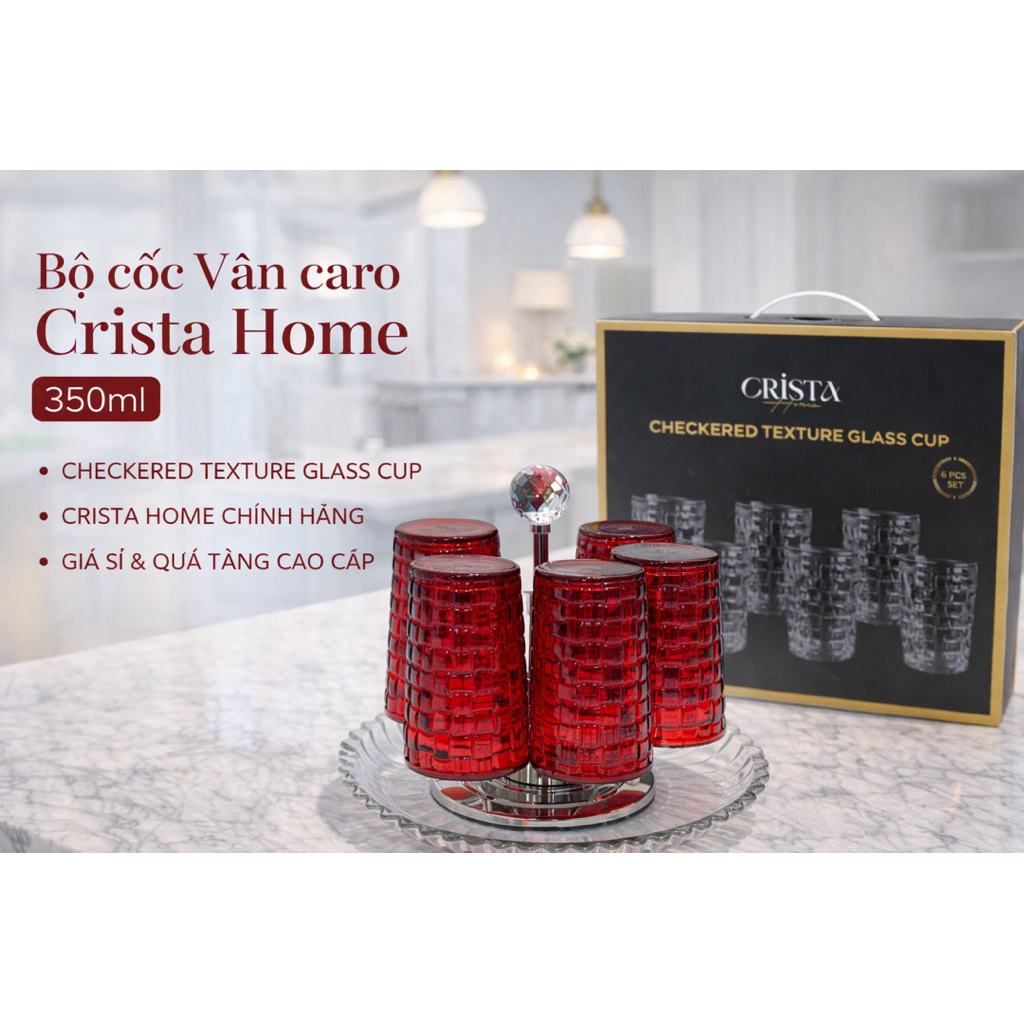 Bộ 6 Cốc Thủy Tinh Đỏ Vân Caro Crista Home 350ml. Bán sỉ SLL