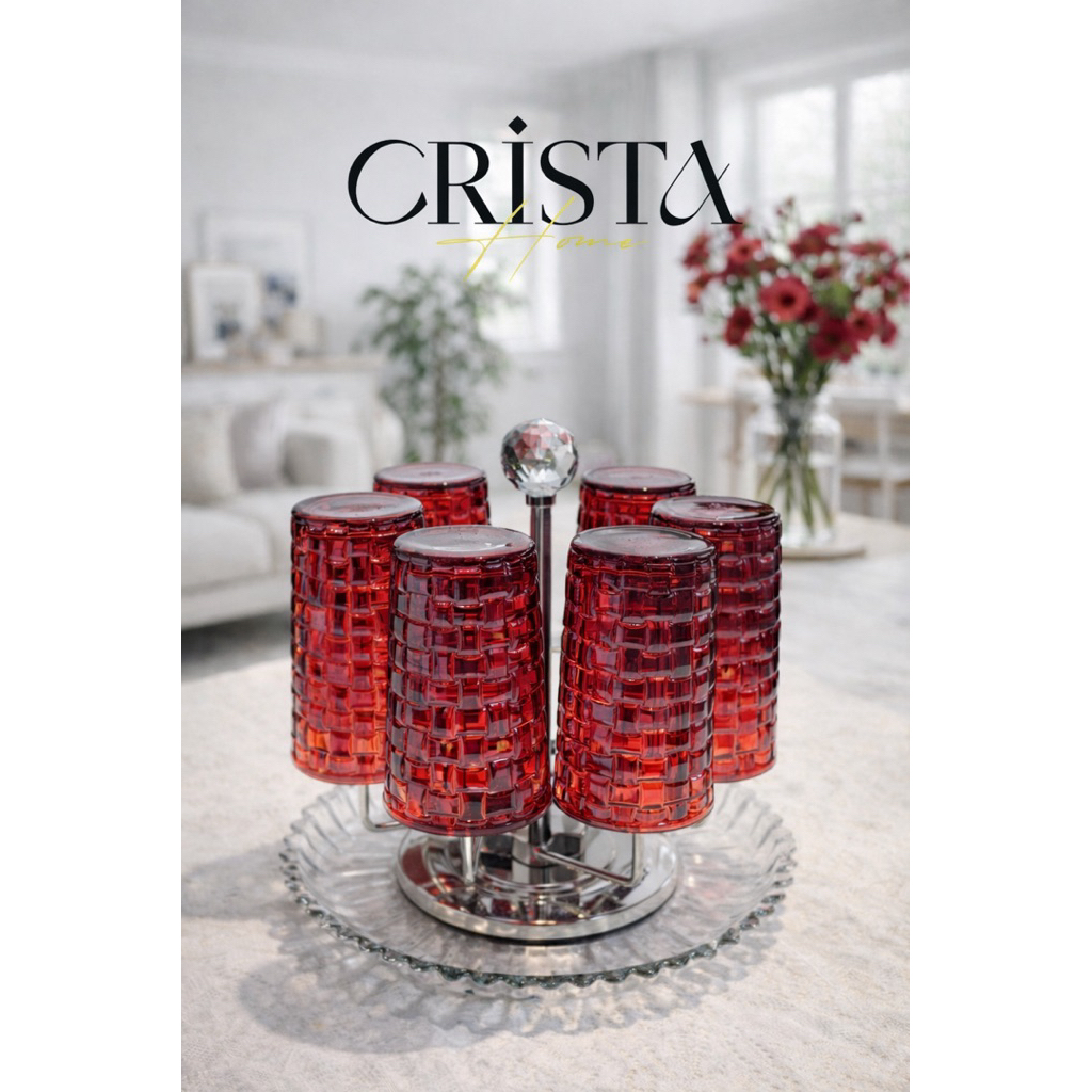 Bộ 6 Cốc Thủy Tinh Đỏ Vân Caro Crista Home 350ml. Bán sỉ SLL