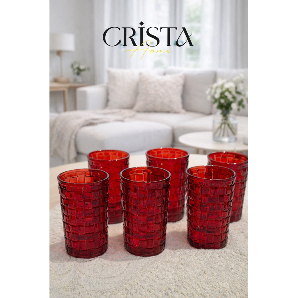 Bộ 6 Cốc Thủy Tinh Đỏ Vân Caro Crista Home 350ml. Bán sỉ SLL