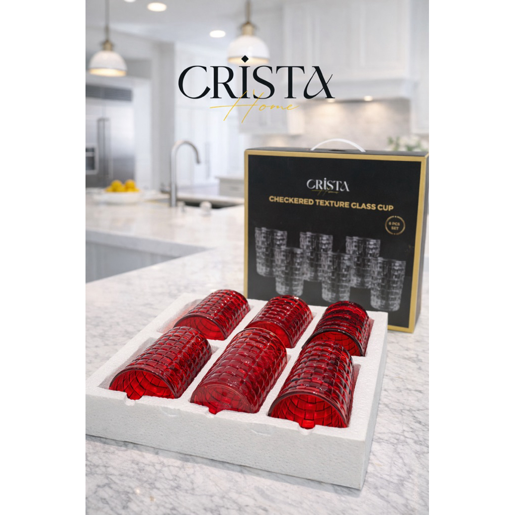 Bộ 6 Cốc Thủy Tinh Đỏ Vân Caro Crista Home 350ml. Bán sỉ SLL
