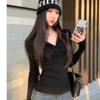 Áo thun dài tay Cổ V đính nút Thiết kế Mũ Cá Tính Trendy Ôm Fit Dáng