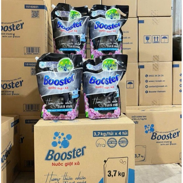 Xả KHo 4 túi Nước giặt xả Booster 2in1 Hương Tươi Mát Túi 3,7kg , lưu hương , sạch khuẩn , mềm vải