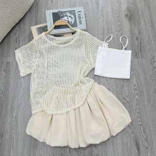 Set Bigsize nữ 3 món áo lưới phối áo hai dây và chân váy xếp ly,phong cách trẻ trung A318+G118+CV413