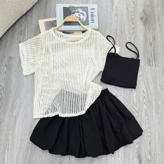 Set Bigsize nữ 3 món áo lưới phối áo hai dây và chân váy xếp ly,phong cách trẻ trung A318+G118+CV413