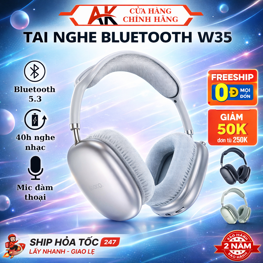 Tai Nghe Chụp Tai Hoco W35 Bluetooth 5.3, Headphone Có Mic Đàm Thoại, Pin Sử Dụng 40h Nghe Nhạc