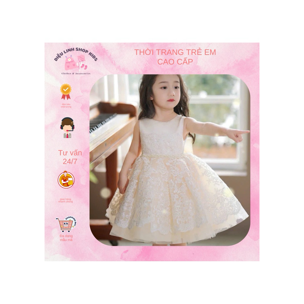 váy trắng kem bồng xoè nơ to sau lưng - váy cho bé Diệu linh shopkids sz 8-38kg DL78