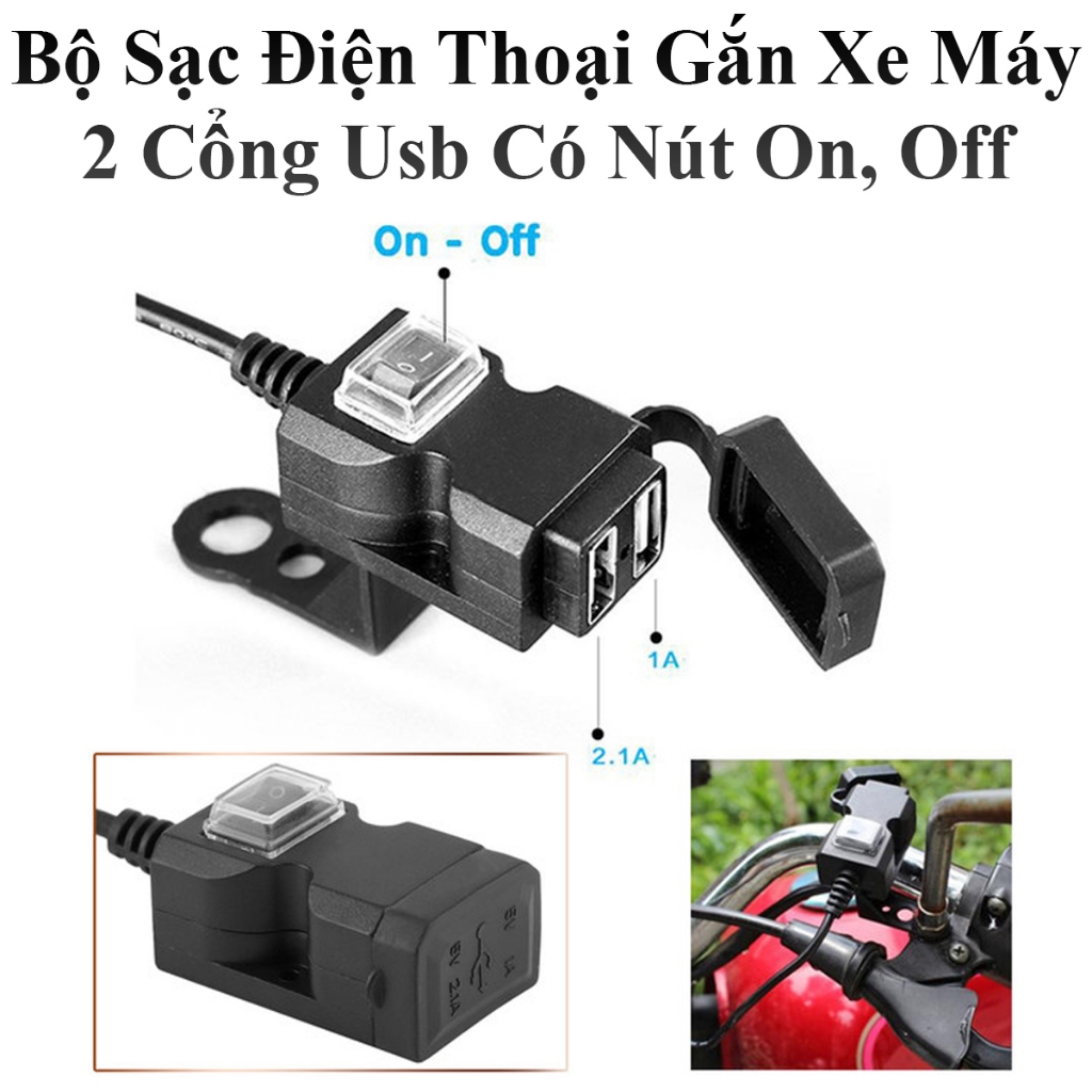 Bộ Sạc Điện Thoại Gắn Xe Máy 2 Cổng Usb Có Nút On, Off Tiện Lợi Dây Dài 1.5M Tiện Lợi