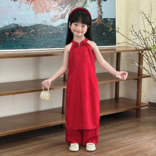 [8-26kg] Áo Dài Tết Cổ Yếm Chất Tơ Gấm Ánh Kim Cao Cấp 4 Tà Sang Cho Bé Gái ( Áo + Quần) -Đỏ
