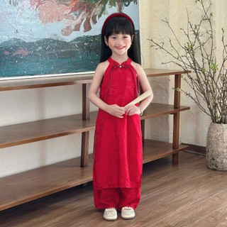 [8-26kg] Áo Dài Tết Cổ Yếm Chất Tơ Gấm Ánh Kim Cao Cấp 4 Tà Sang Cho Bé Gái ( Áo + Quần) -Đỏ