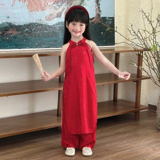 [8-26kg] Áo Dài Tết Cổ Yếm Chất Tơ Gấm Ánh Kim Cao Cấp 4 Tà Sang Cho Bé Gái ( Áo + Quần) -Đỏ