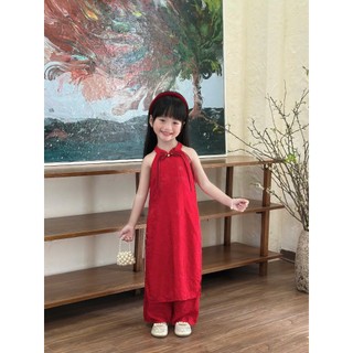 [8-26kg] Áo Dài Tết Cổ Yếm Chất Tơ Gấm Ánh Kim Cao Cấp 4 Tà Sang Cho Bé Gái ( Áo + Quần) -Đỏ