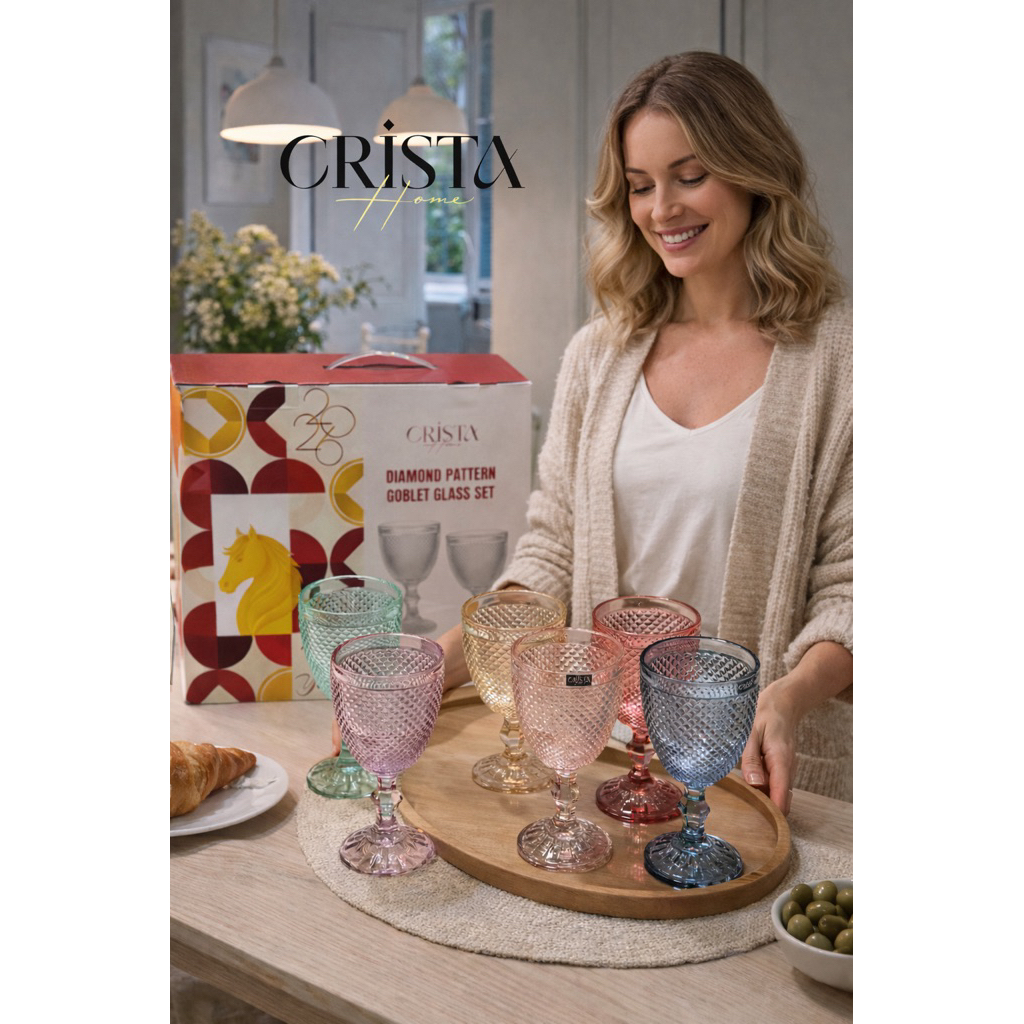 🌈 BỘ 6 LY VÂN KIM CƯƠNG CRISTA HOME 300ML – MIX MÀU PASTEL CAO CẤP