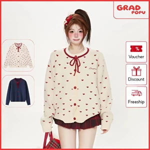 Áo khoác GRADPOPU dệt kim họa tiết chấm bi hình trái tim kiểu Hàn Quốc mềm mại và ngọt ngào AK344