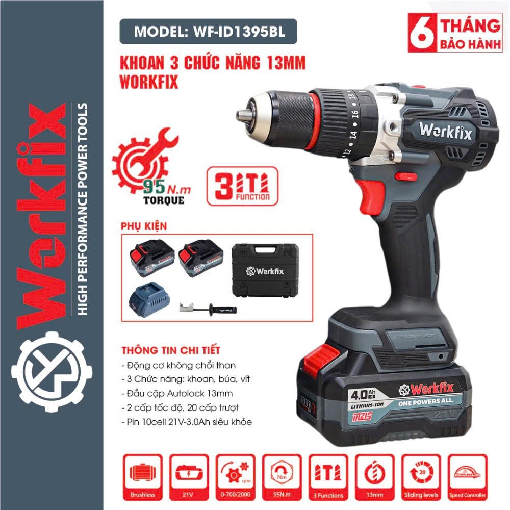 Máy Khoan 3 Chức Năng WORKFIX WF-ID1395BL, Lực Siết 95Nm, Đầu 13mm có ...