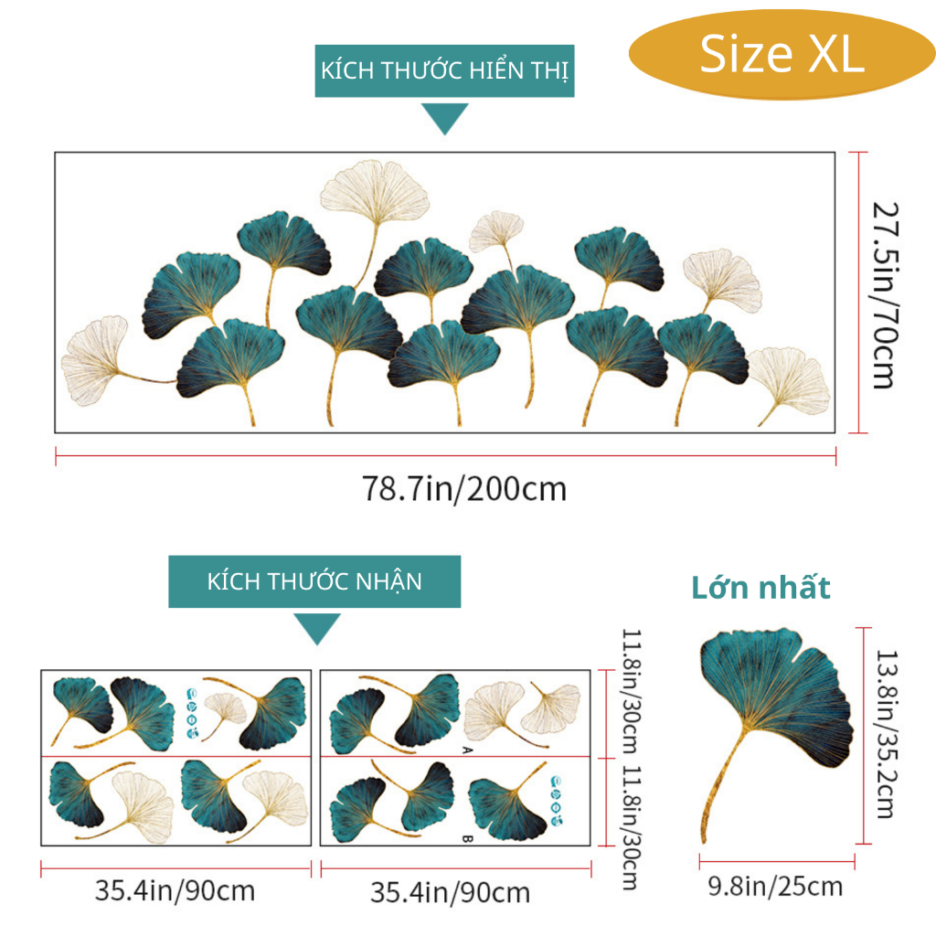Decal Dán Tường Lá Bạch Quả Trang Nhã Có Keo Sẵn 200x70cm - Trang Trí Phòng Khách