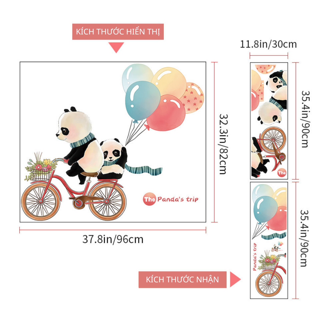 Decal Dán Tường Gấu Trúc Đạp Xe Bóng Bay Có Keo Sẵn 96x82cm - Trang Trí Phòng Bé Dễ Thương