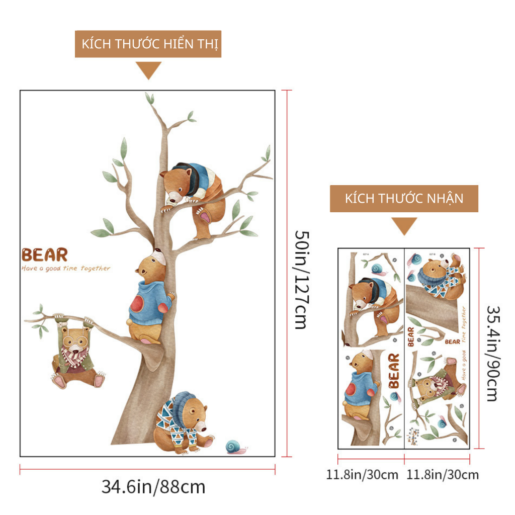 Decal Dán Tường Gia Đình Gấu Leo Cây Đáng Yêu Có Keo Sẵn 88x127cm -  Trang Trí Phòng Bé