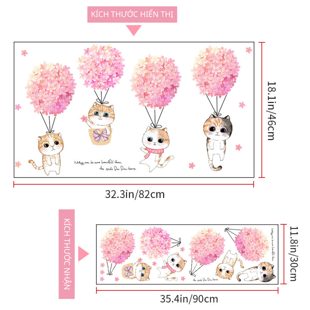 Decal Dán Tường Hình Mèo Hoa Hồng Dễ Thương Có Keo Sẵn 82x46cm – Trang Trí Phòng Ngủ Bé