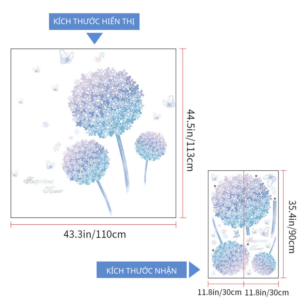 Decal Dán Tường Hoa Cẩm Tú Cầu Pastel Có Keo Sẵn 110x113cm - Trang Trí Không Gian Phòng Khách