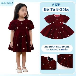 Váy Cho Bé Gái, Váy Nhung Bé Gái Thiết Kế Tay Phồng Chân Váy Bí Chất Liệu Mềm Mại Tone Đỏ Tươi Tắn