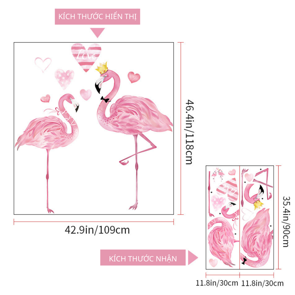 Decal Dán Tường Hồng Hạc Đôi Màu Hồng Pastel Có Keo Sẵn 109x118cm - Trang Trí Phòng Khách Phòng Ngủ