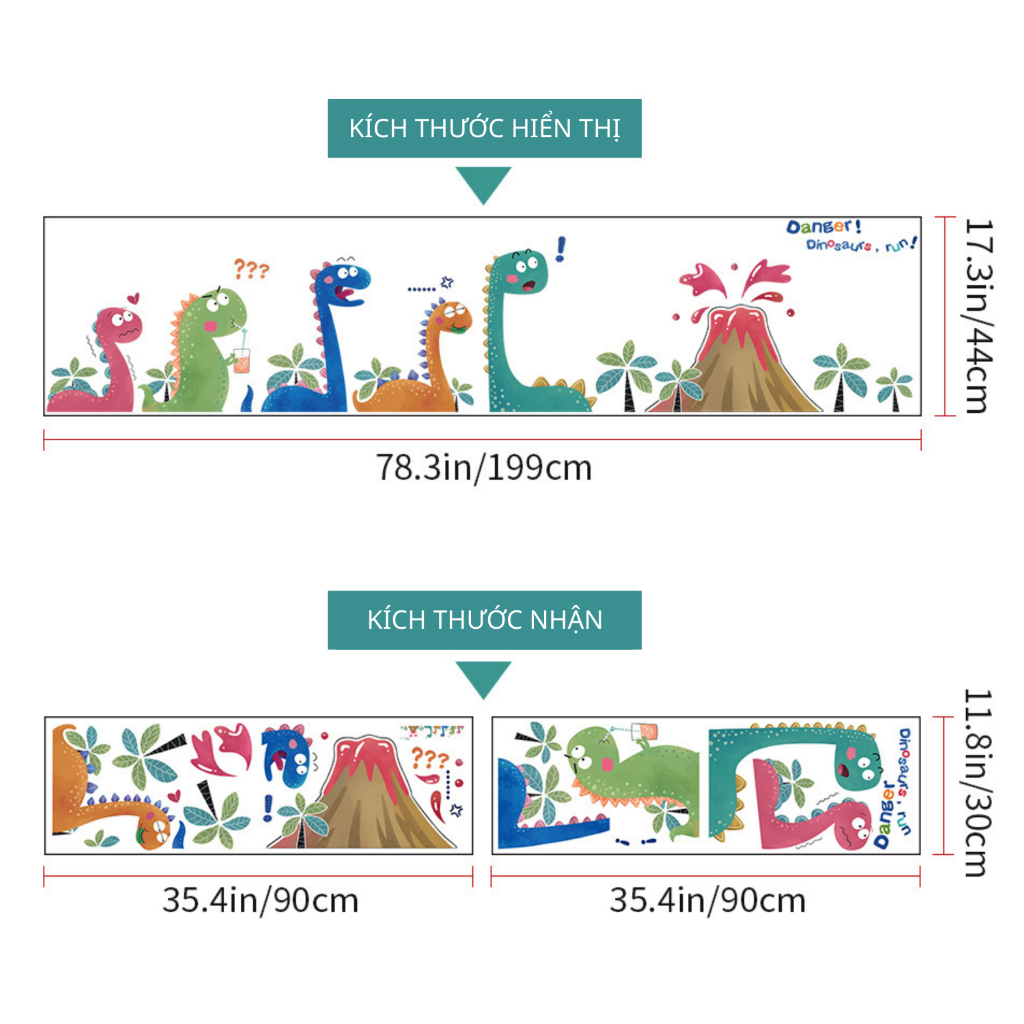 Decal Dán Tường Đàn Khủng Long Và Núi Lửa Ngộ Nghĩnh Có Keo Sẵn 199x44cm - Trang Trí Phòng Ngủ Bé