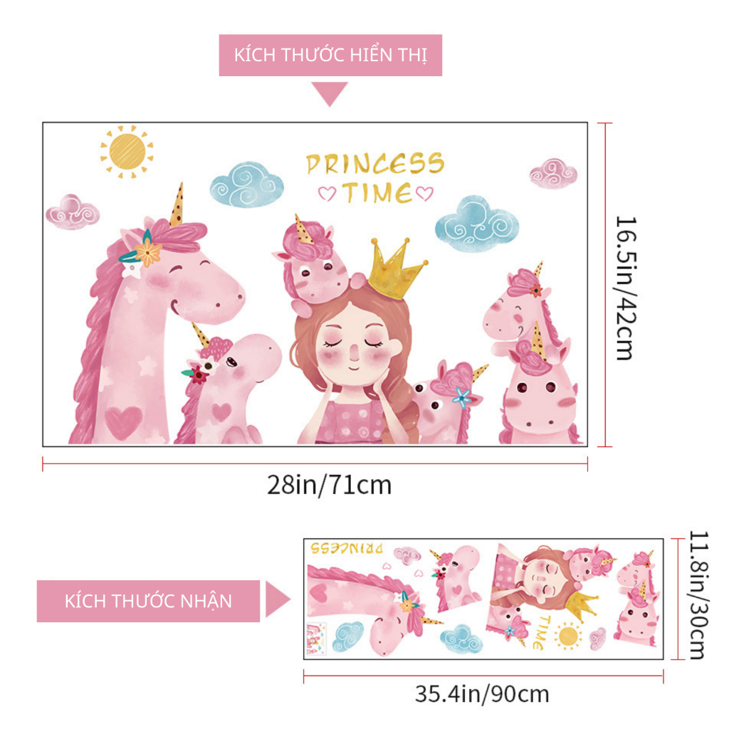 Decal Dán Tường Công Chúa Và Kì Lân Màu Hồng Pastel Có Keo Sẵn 71x42cm - Trang Trí Phòng Cho Bé