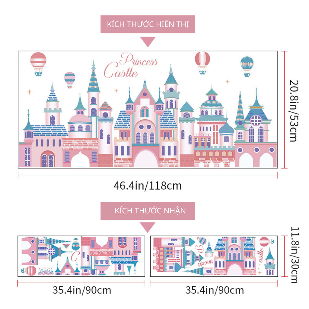 Decal Dán Tường Lâu Đài Công Chúa Màu Hồng Pastel Có Keo Sẵn 118x53cm - Trang Trí Không Gian Cho Bé