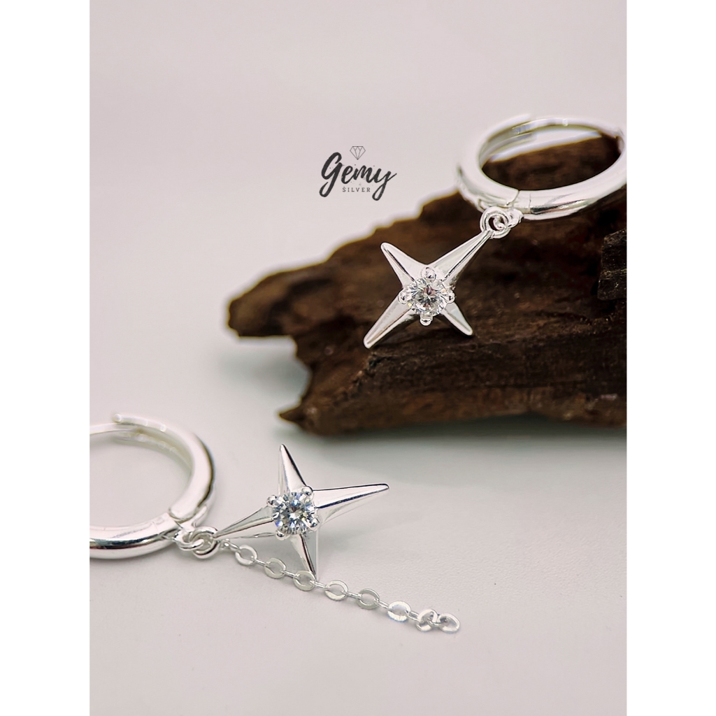 Khuyên tai nam tròn bạc nguyên chất Star Light 2 thiết kế ngôi sao đính đá siêu chất (1 chiếc) | GEMY SILVER KN78