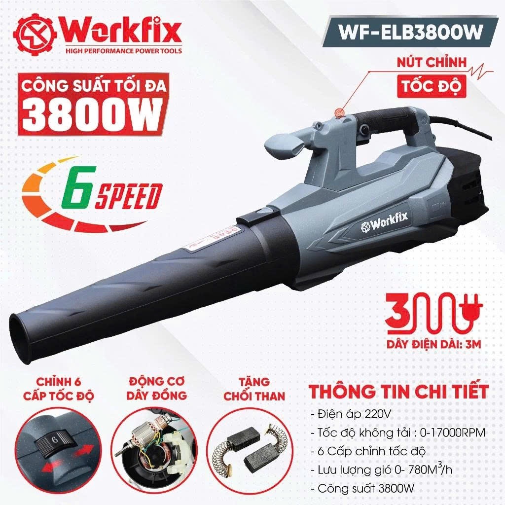 Máy Thổi Bụi, Lá Điện Cỡ Lớn WORKFIX WF-ELB3800W, Công Suất Lớn 3800w, 6 Cấp Tốc Độ, Motor Dây Đồng