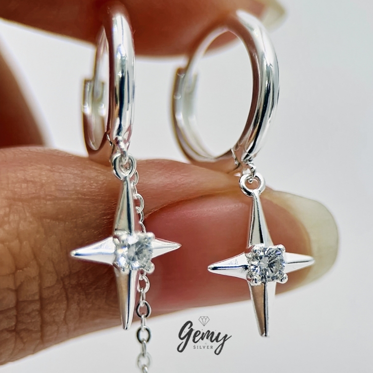 Khuyên tai nam tròn bạc nguyên chất Star Light 2 thiết kế ngôi sao đính đá siêu chất (1 chiếc) | GEMY SILVER KN78