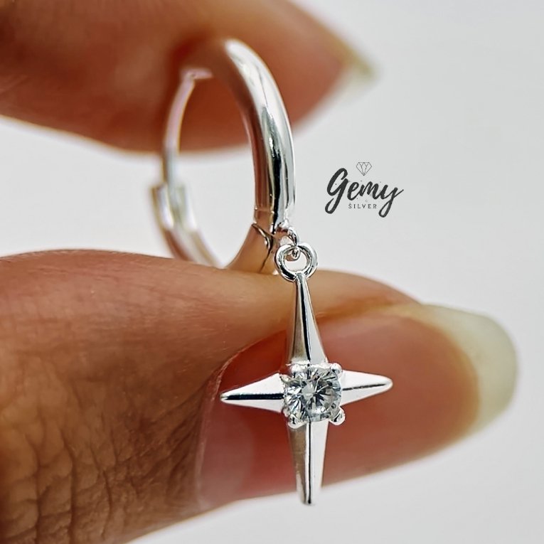 Khuyên tai nam tròn bạc nguyên chất Star Light 2 thiết kế ngôi sao đính đá siêu chất (1 chiếc) | GEMY SILVER KN78