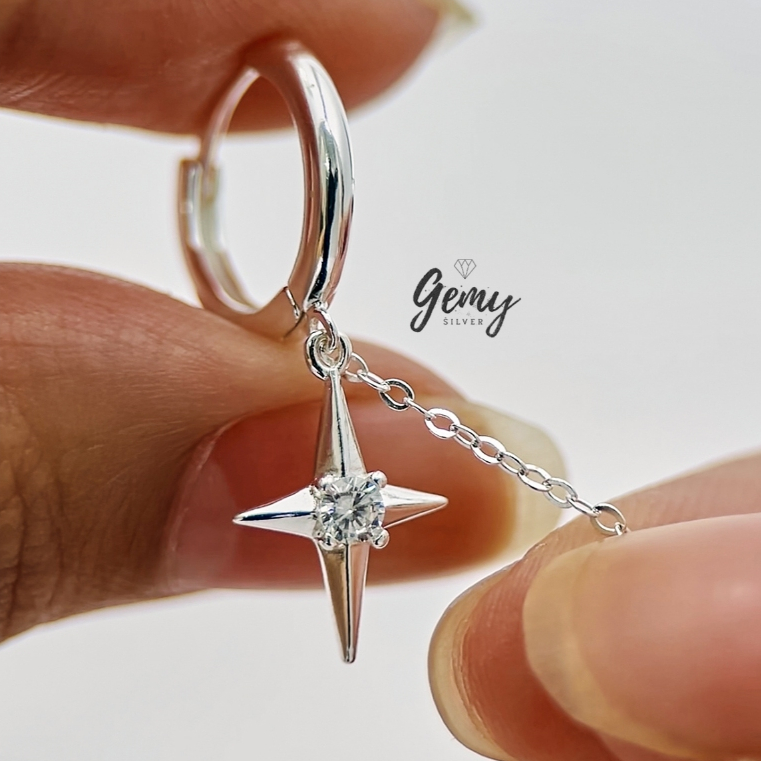 Khuyên tai nam tròn bạc nguyên chất Star Light 2 thiết kế ngôi sao đính đá siêu chất (1 chiếc) | GEMY SILVER KN78