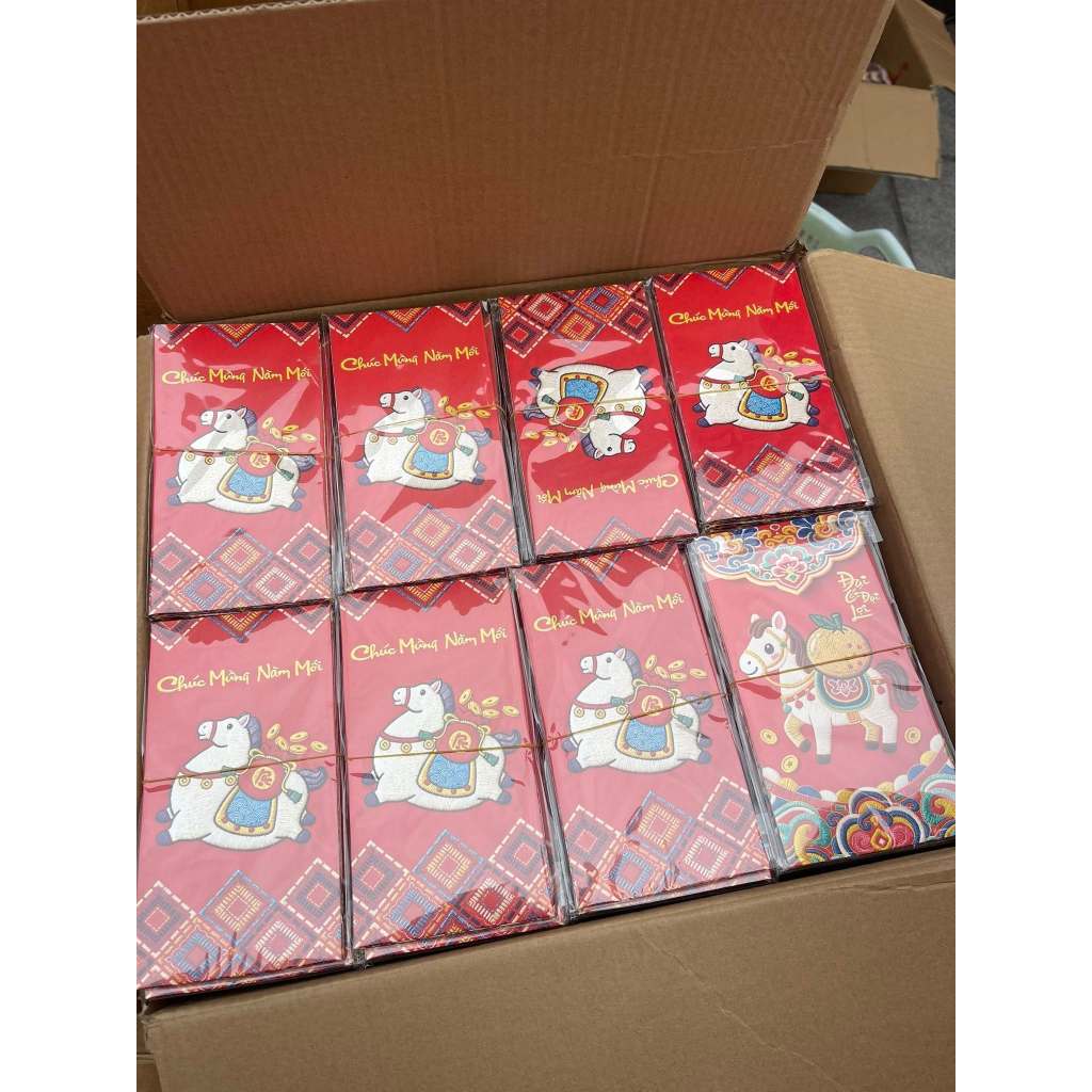 combo 6 Phong Bao Lì Xì Tết Bính Ngọ 2026, Lì Xì Ngựa Thổ Cẩm In Hình Giả Thêu TÀI LỘC,MAY MẮN