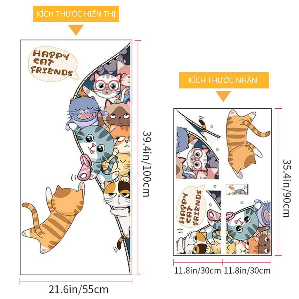 Decal Dán Tường Mèo Dễ Thương Hoạt Hình Có Keo Sẵn 55x100cm – Trang Trí Cánh Tủ, Cửa Phòng