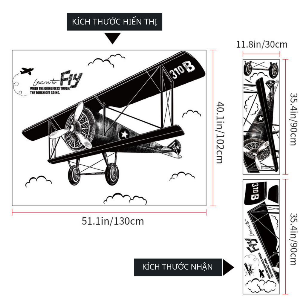 Decal Dán Tường Máy Bay Vintage Đen Trắng Có Keo Sẵn 130x102cm - Trang Trí Phòng Làm Việc