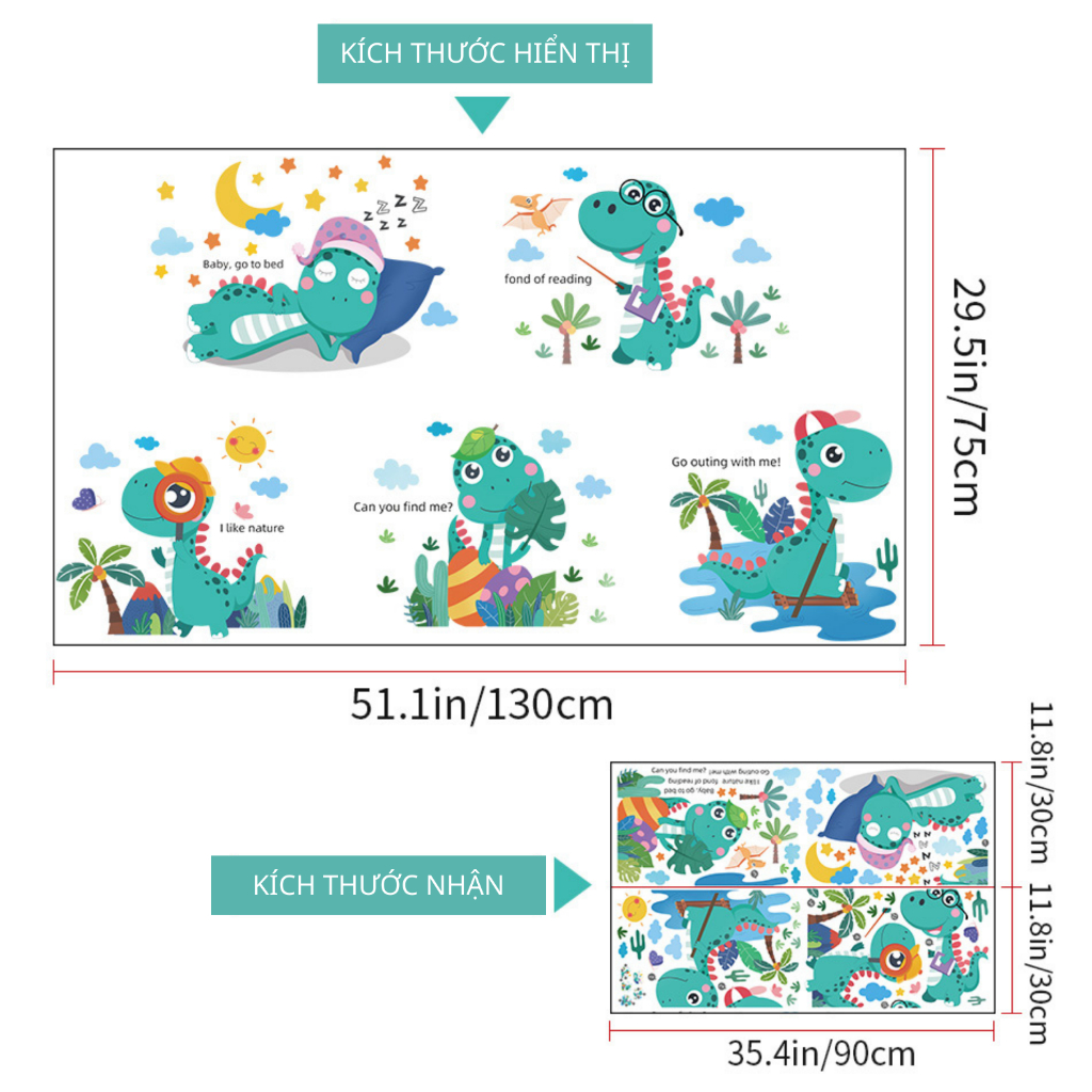 Decal Dán Tường Khủng Long Hoạt Hoạt Hình Có Keo Sẵn 130x75 cm - Trang Trí Phòng Cho Bé