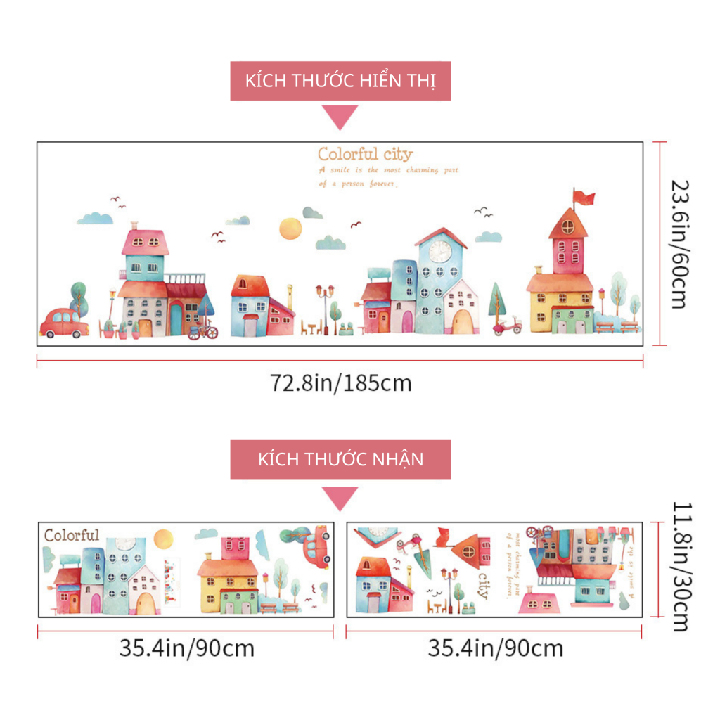 Decal Dán Tường Thành Phố Sắc Màu Có Keo Sẵn 185x60cm - Trang Trí Phòng Bé Góc Học Tập