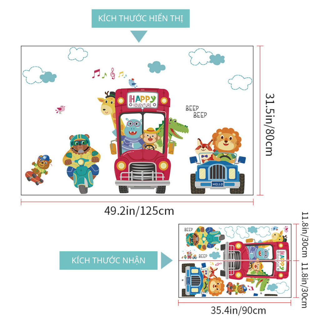 Decal Dán Tường Xe Bus Các Con Thú Hoạt Hình Có Keo Sẵn 125x80cm - Trang Trí Phòng Ngủ Bé