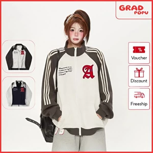 Áo khoác nữ GRADPOPU kiểu dáng đường phố Mỹ thêu ba sọc phối màu khối tay raglan rộng rãi AK353