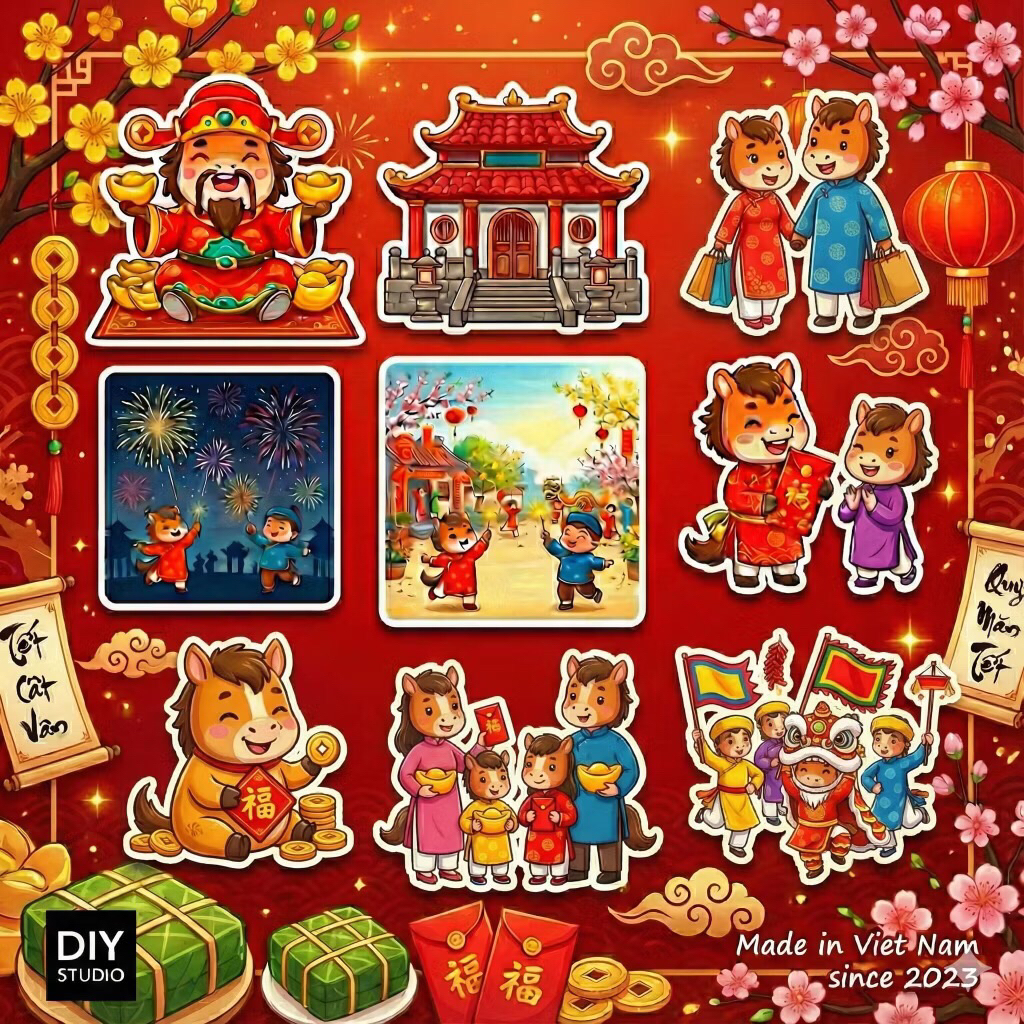 Sticker Tết 2026 Bính Ngọ 🌈𝑭𝒓𝒆𝒆𝒔𝒉𝒊𝒑 Sticker Hình Dán Tết Cổ Truyền Trang Trí Bao Lì Xì, Thiệp Tết, Hộp Quà, Bình Nước