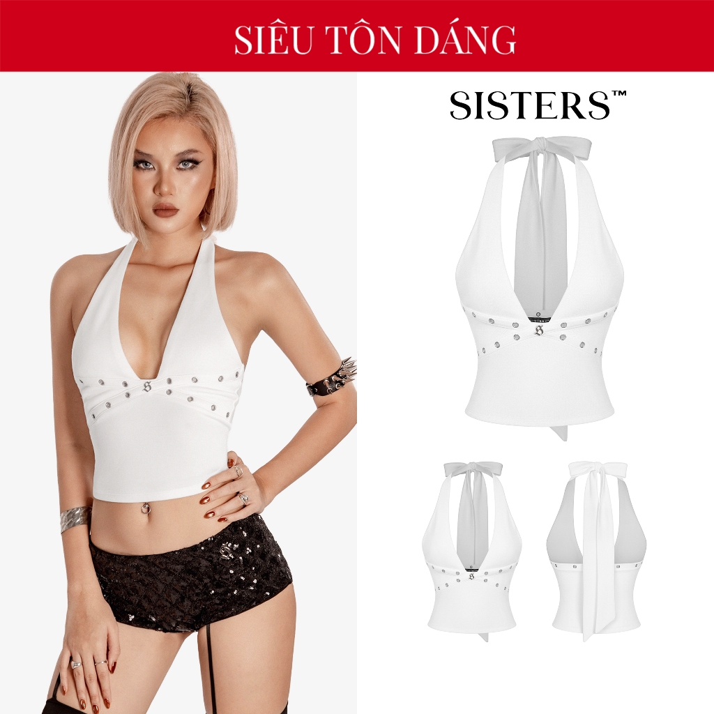 Áo cổ yếm hở lưng croptop SISTERS phối viền khoen bạc sexxy cổ thắt nơ logo inox ôm dáng màu trắng Muse | SS-T94-T
