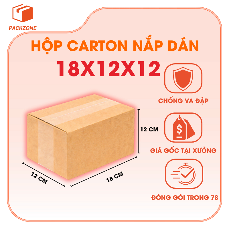 Combo 100 Hộp Carton 18x12x12 3 Lớp Mặt Nâu Đựng Đồ, Đóng Hàng TMĐT, Mỹ Phẩm, Phụ Kiện Chống Sốc Bền Chắc PACKZONE - Do