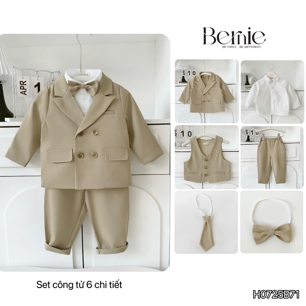 [Chính hãng Bernie] Bộ vest công tử Hàn Quốc cho bé trai, set vest 6 chi tiết dày dặn đẹp cho bé
